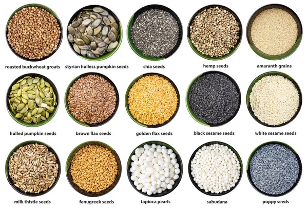 Set Various Seeds Grains Bowls Names Isolated White Background — Stock Photo, Image