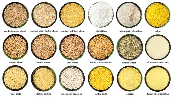 Set Various Wheat Grains Bowls Names Isolated White Background — Stock Photo, Image