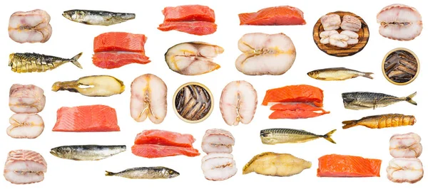 Sada Různých Uzených Ryb Izolovaných Bílém Pozadí — Stock fotografie