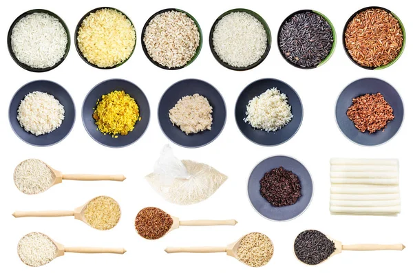 Set Various Cooked Raw Rice Groats Isolated White Background — Stock Photo, Image