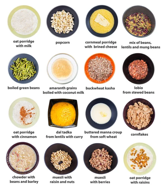 Set Top View Various Cooked Grains Bowls Names Isolated White — Stock Photo, Image