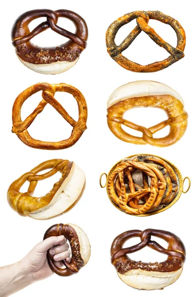 Conjunto Vários Pretzels Isolado Fundo Branco — Fotografia de Stock