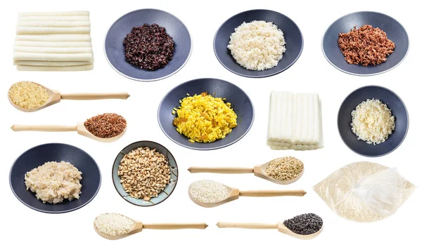 Sada Různých Vařené Syrové Rýže Izolované Bílém Pozadí — Stock fotografie