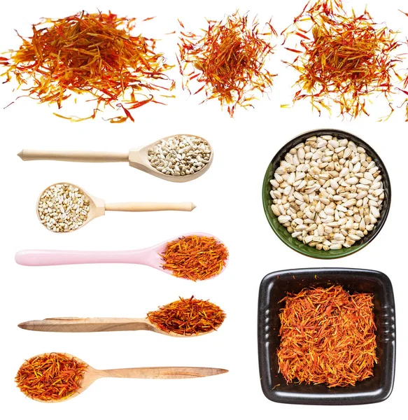 Set Various Safflower Seeds Flowers Isolated White Background — Stock Photo, Image