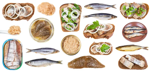 Set Various Cooked Raw Herring Fishes Roes Isolated White Background — Stock Photo, Image