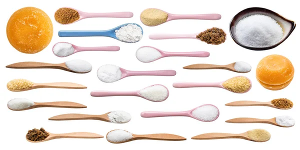 Sada Různých Cukrů Lžičkách Izolovaných Bílém Pozadí — Stock fotografie