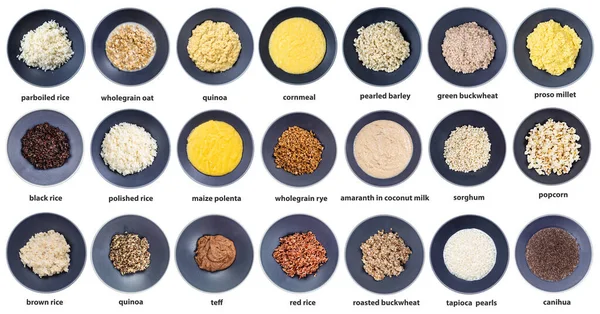 在白色背景上孤立的灰色碗中命名的各种粥的顶部视图集 — 图库照片