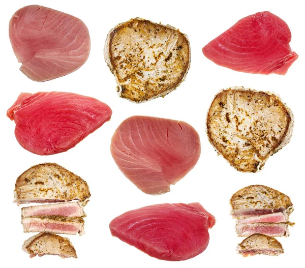 Set Raw Sliced Grilled Steaks Tuna Fish Isolated White Background — Stock Photo, Image