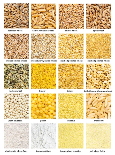 一组正方形食物背景 各种名字相近的小麦谷物 — 图库照片