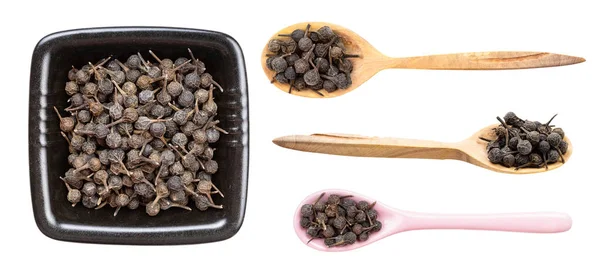 Ensemble Divers Poivrons Queue Cubeb Isolés Sur Des Fonds Blancs Images De Stock Libres De Droits