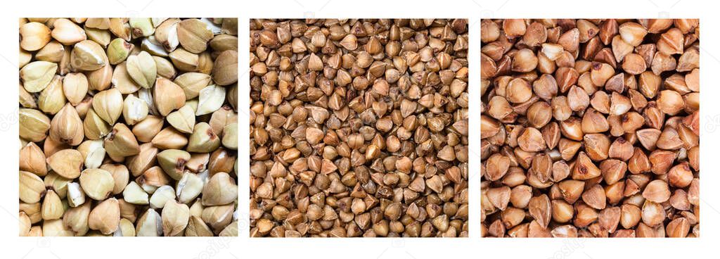 set of square food background - various buckwheat groats close up