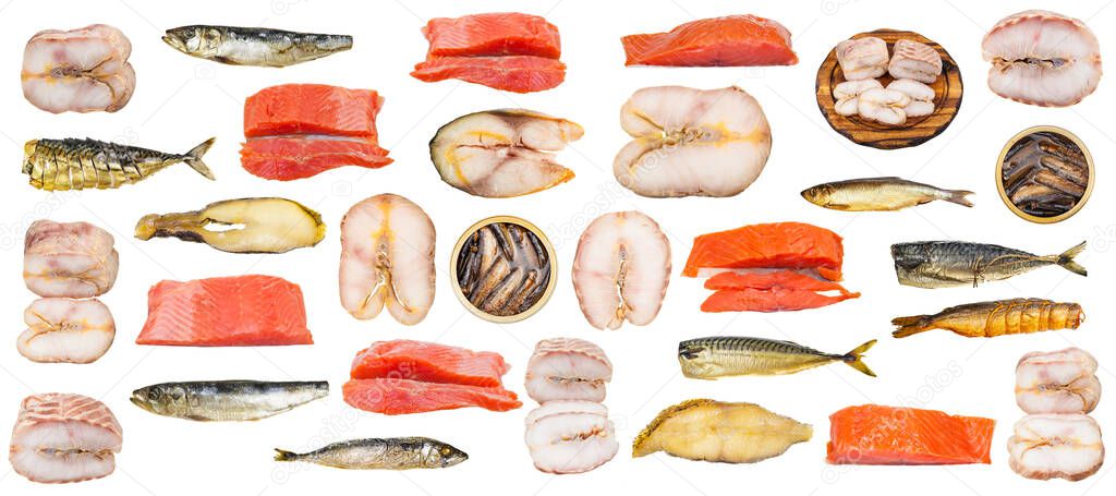set of various smoked fishes isolated on white background