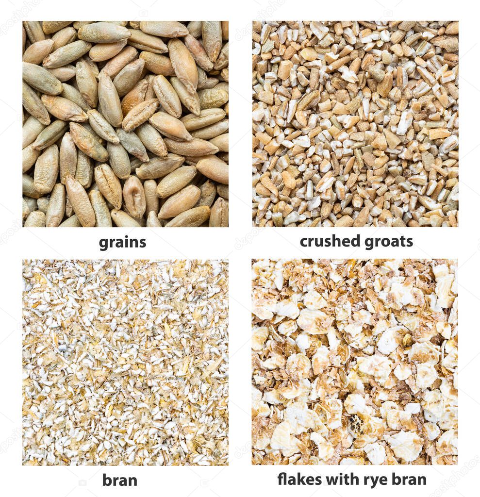 set of square food background - various rye seeds with names close up