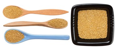 Beyaz arka planda izole edilmiş çeşitli granüllenmiş kuru maya seti.