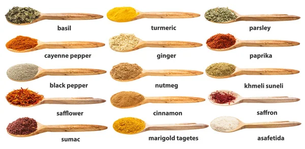 Set Various Ground Spices Wooden Spoon Names Isolated White Backgrouns — Stock Photo, Image