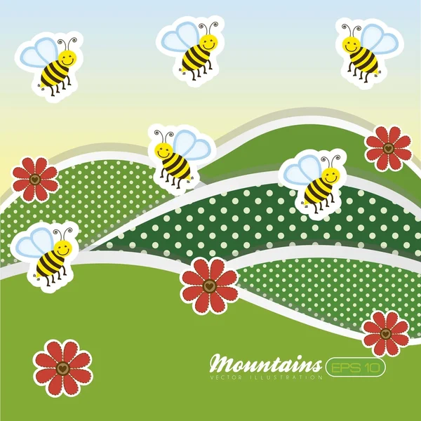 花やミツバチのいる風景 — ストックベクタ