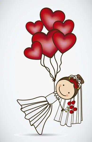 Novia con corazones globos — Vector de stock