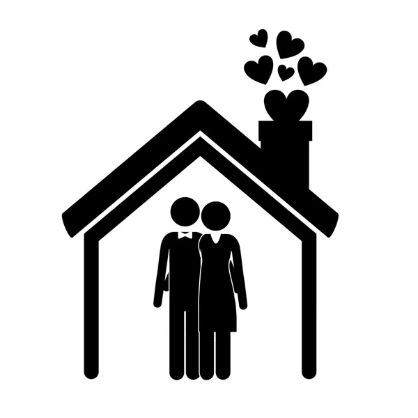 Casa silueta negro con chimenea y corazones — Archivo Imágenes