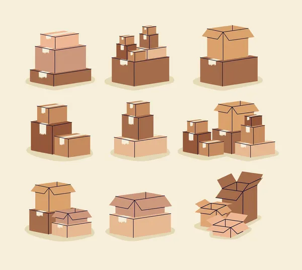 Nueve cajas pilas — Vector de stock