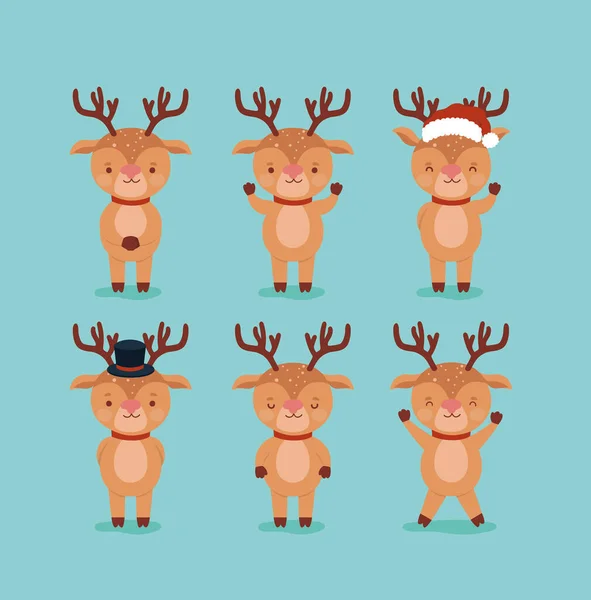 Six xmas reindeer — Stock Vector