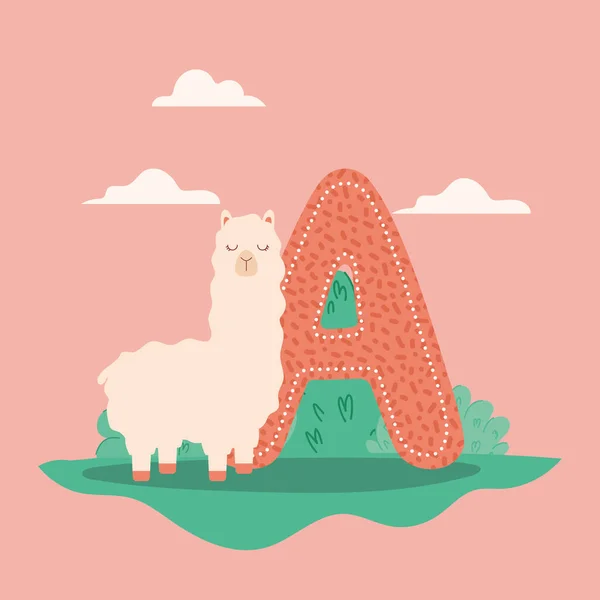 Alpaca en letter A kaart — Stockvector