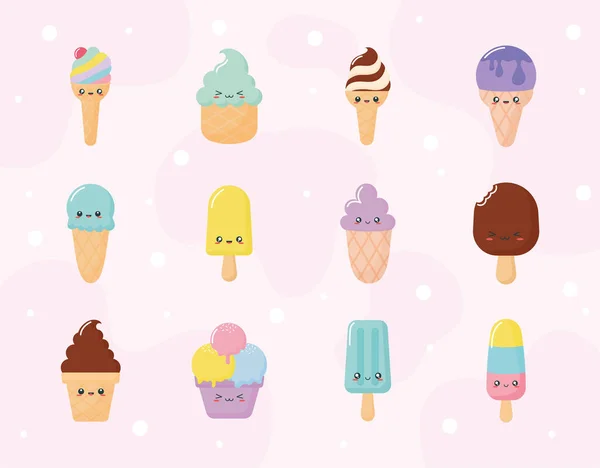 Twelve kawaii ice creams — Stock Vector