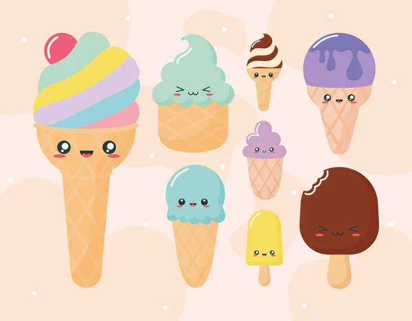 Eight kawaii ice creams — Stock Vector