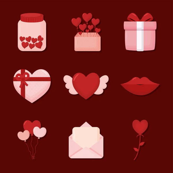 Nine valentines day items — Archivo Imágenes Vectoriales