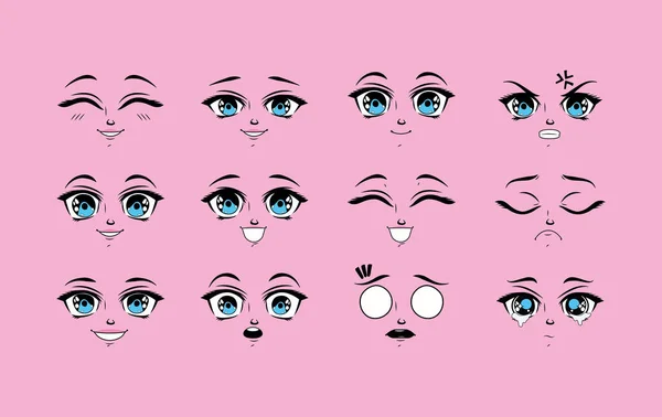 Twelve anime emotions faces — Stock Vector