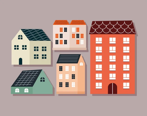 Cinq maisons et bâtiments — Image vectorielle