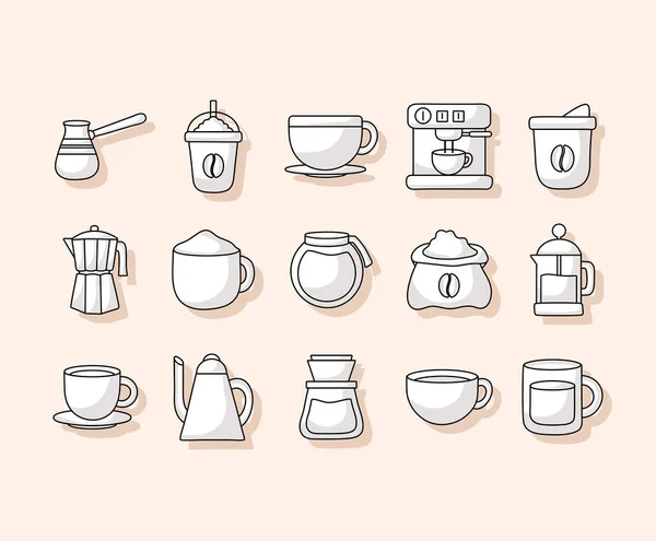 Set Van Vijftien Koffie Items — Stockvector