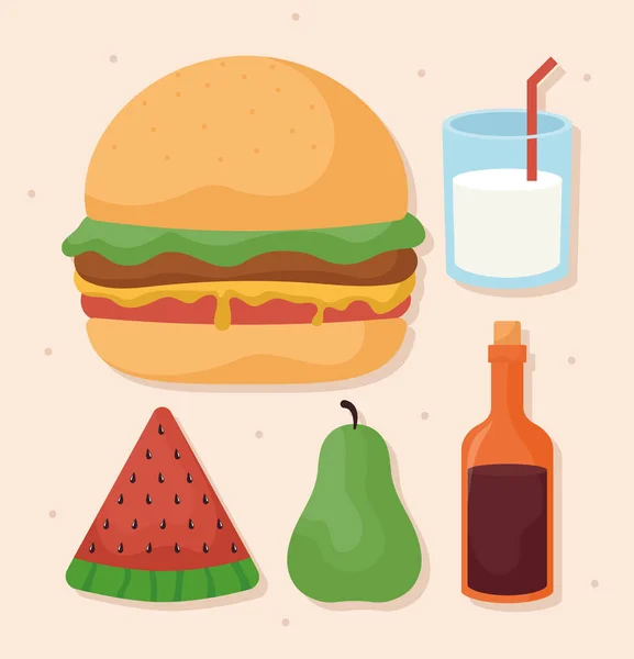 Zestaw Pięciu Artykułów Spożywczych Piknikowych — Wektor stockowy