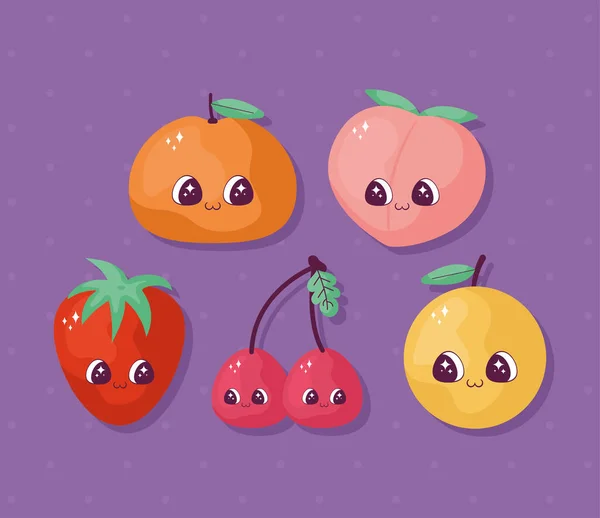 Set Five Kawaii Fruits — Stockový vektor