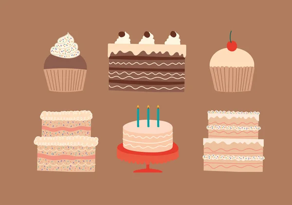 Set Six Birthday Cakes — Stok Vektör
