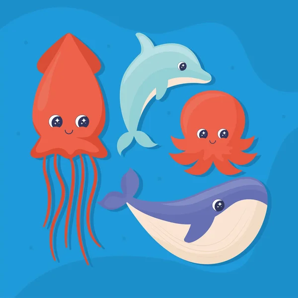 Set Cute Sea Life Animals — Stockvektor