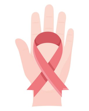 hand with pink breast cancer ribbon over white
