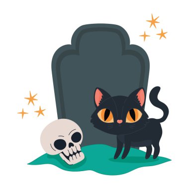 Mezar taşı ve insan kafatasında cadılar bayramı kedisi