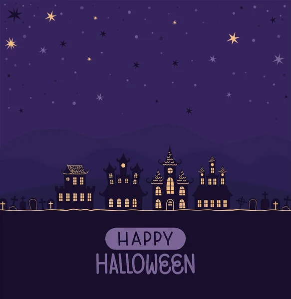 Cartão Halloween Com Cemitérios Noite — Vetor de Stock