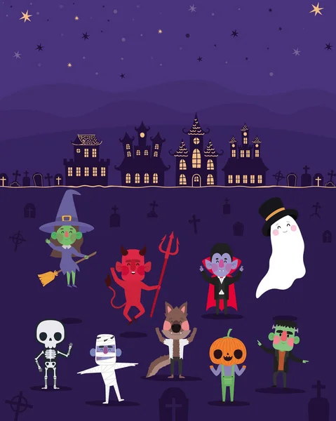 Affiche Personnages Halloween Cimetière — Image vectorielle