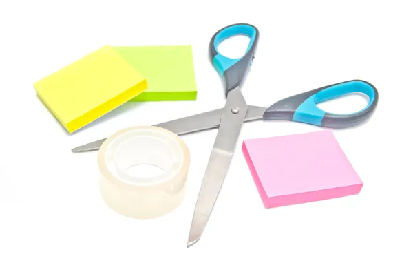 Scotch tape, scissors and sticky notes on white — Stock Photo, Image