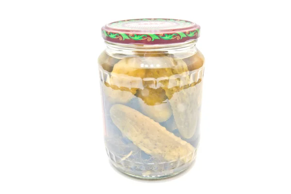 Single jar with cucumbers close-up on white — Stock Photo, Image