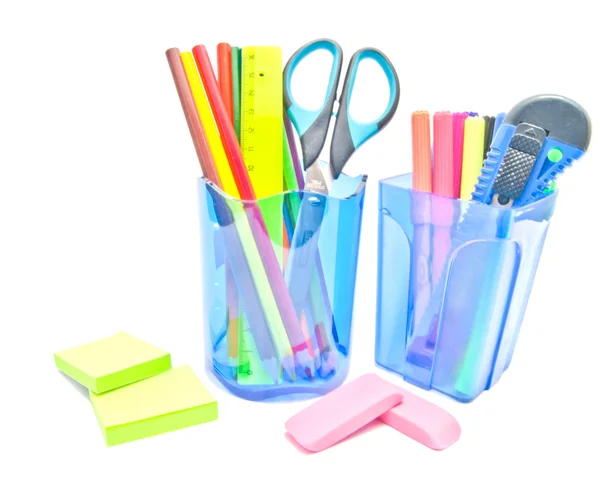 Blue containers with office supplies — Stock Photo, Image