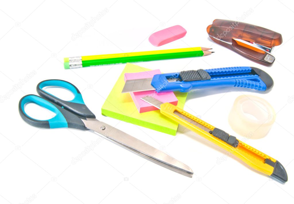 many different office stationery on white