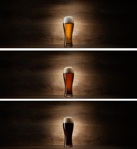 Birra di vetro su sfondo di legno con copyspace — Foto Stock