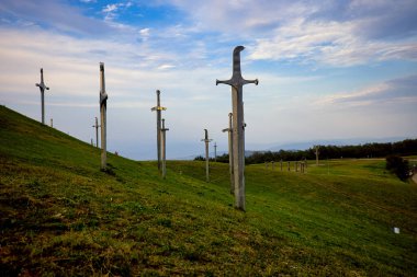  The famous Didgori battle monument with giant swords and sculptures of soldiers close to Tbilisi in the Caucasus mountain range