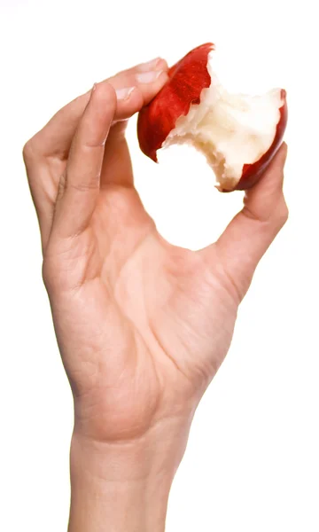 Mano de hombre sosteniendo un núcleo de manzana aislado sobre blanco —  Fotos de Stock