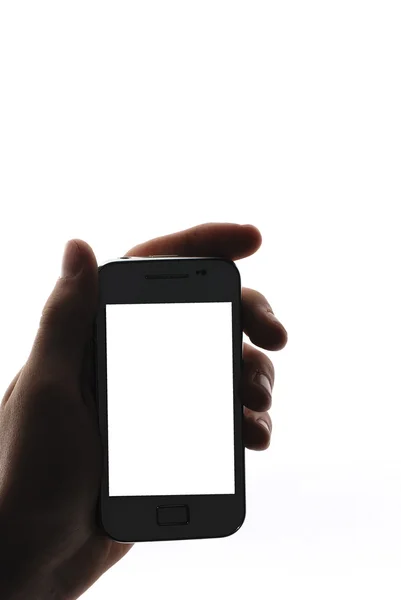 Hand mit Telefon weißer Boden — Stockfoto
