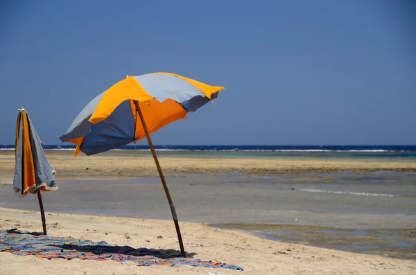 Δύο ζωηρόχρωμες ομπρέλες στη θάλασσα — Φωτογραφία Αρχείου