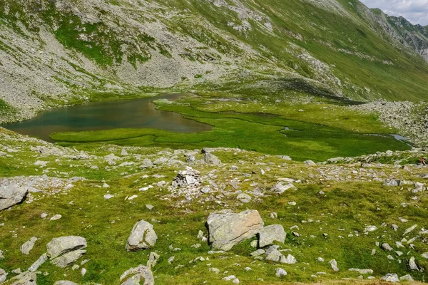 Kayalık dağlarda deniz aygırı manzaralı muhteşem yeşil göl.