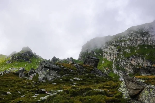 Nebel Über Den Gipfeln Der Berge Beim Wandern Sommer — Stockfoto